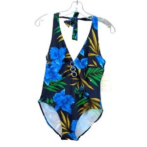On Shore Womens One Piece Halter Swimsuit Tropical Floral Ring Detail Size L NWT